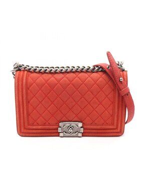 Chanel Shoulder Bag Boy Orange Caviar Leather Chain